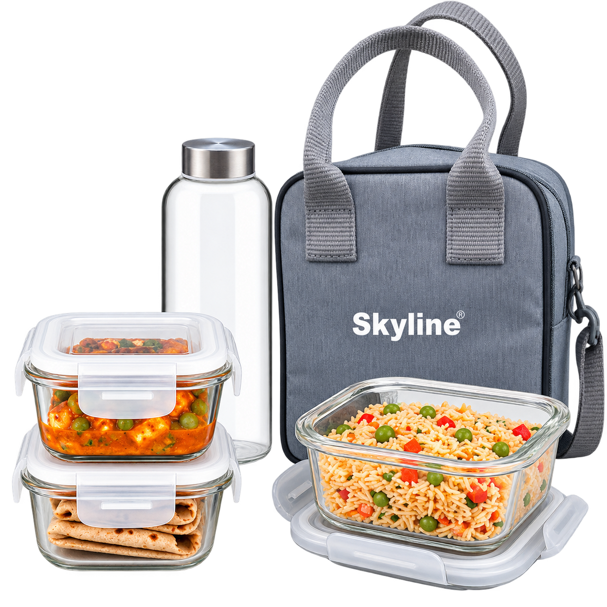 Skyline Meal Mate lunch box set with three borosilicate glass containers, 600ml glass bottle and insulated carry bag