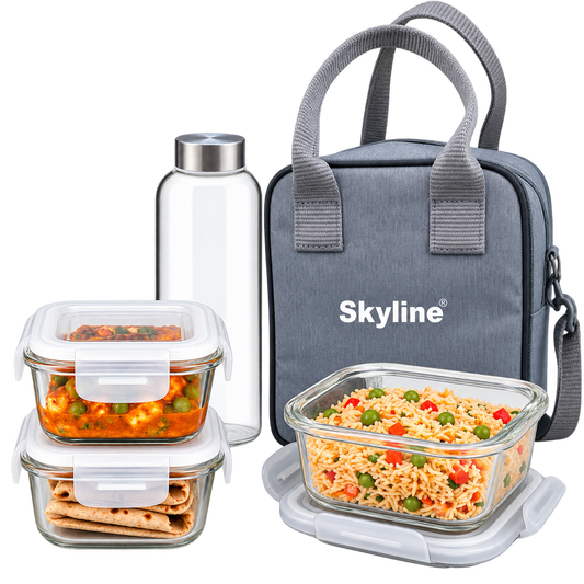 Skyline Meal Mate lunch box set with three borosilicate glass containers, 600ml glass bottle and insulated carry bag
