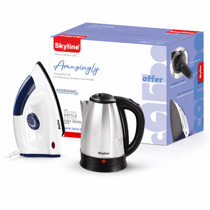 Skyline Morning Set electric kettle dry iron and retail box on white background