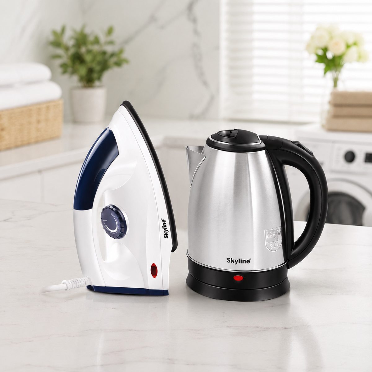 Skyline Morning Set electric kettle and dry iron in a bright home setting