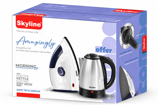 Skyline Morning Set electric kettle and dry iron gift packaging box on white background