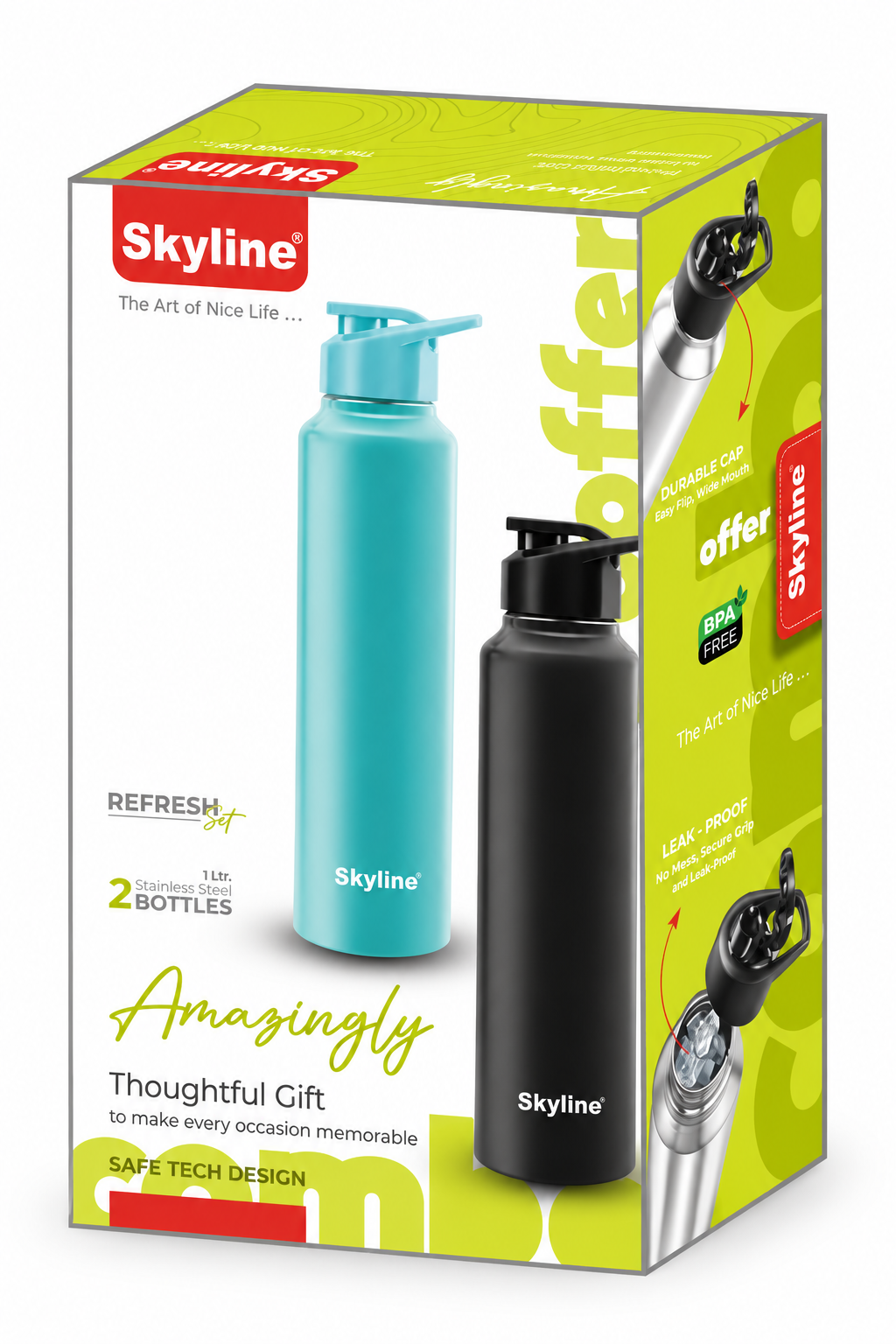 Skyline Refresh Set packaging box with two stainless steel bottles on white background