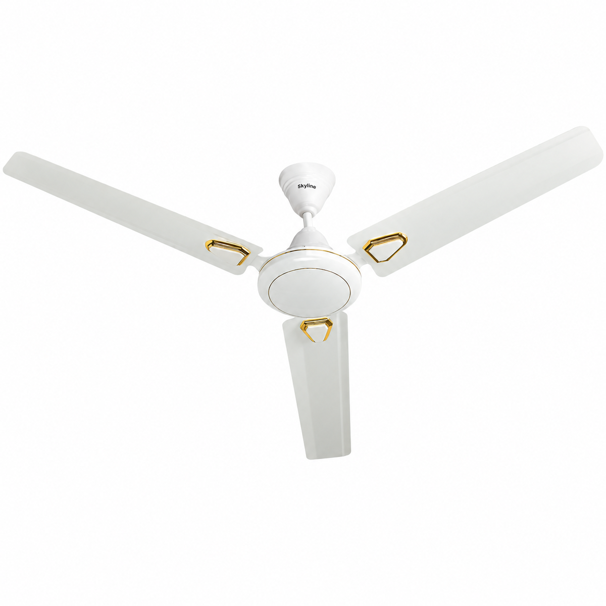 Skyline Skyglide white ceiling fan motor and gold blade accent detail