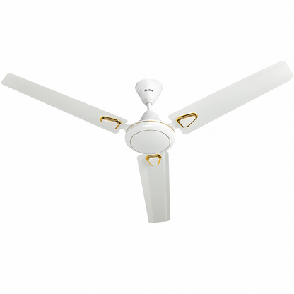 Skyline Skyglide white ceiling fan motor and gold blade accent detail