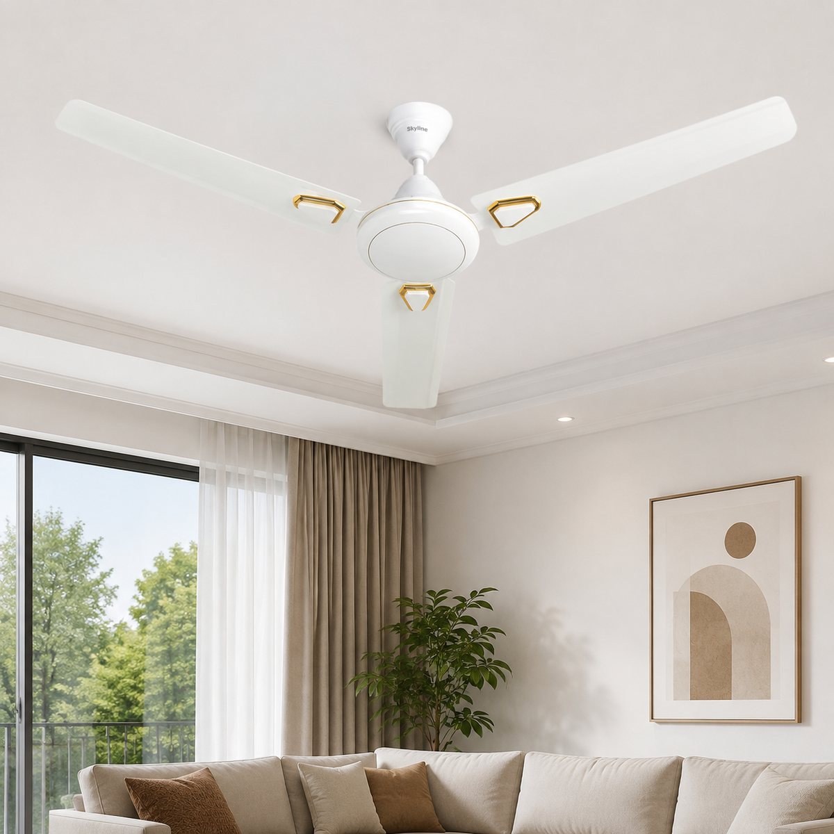Skyline Skyglide white three-blade ceiling fan in modern living room