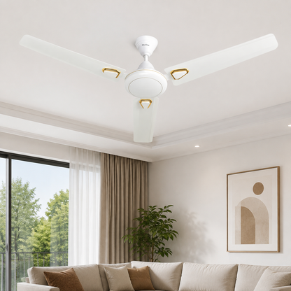 Skyline Skyglide white three-blade ceiling fan in modern living room