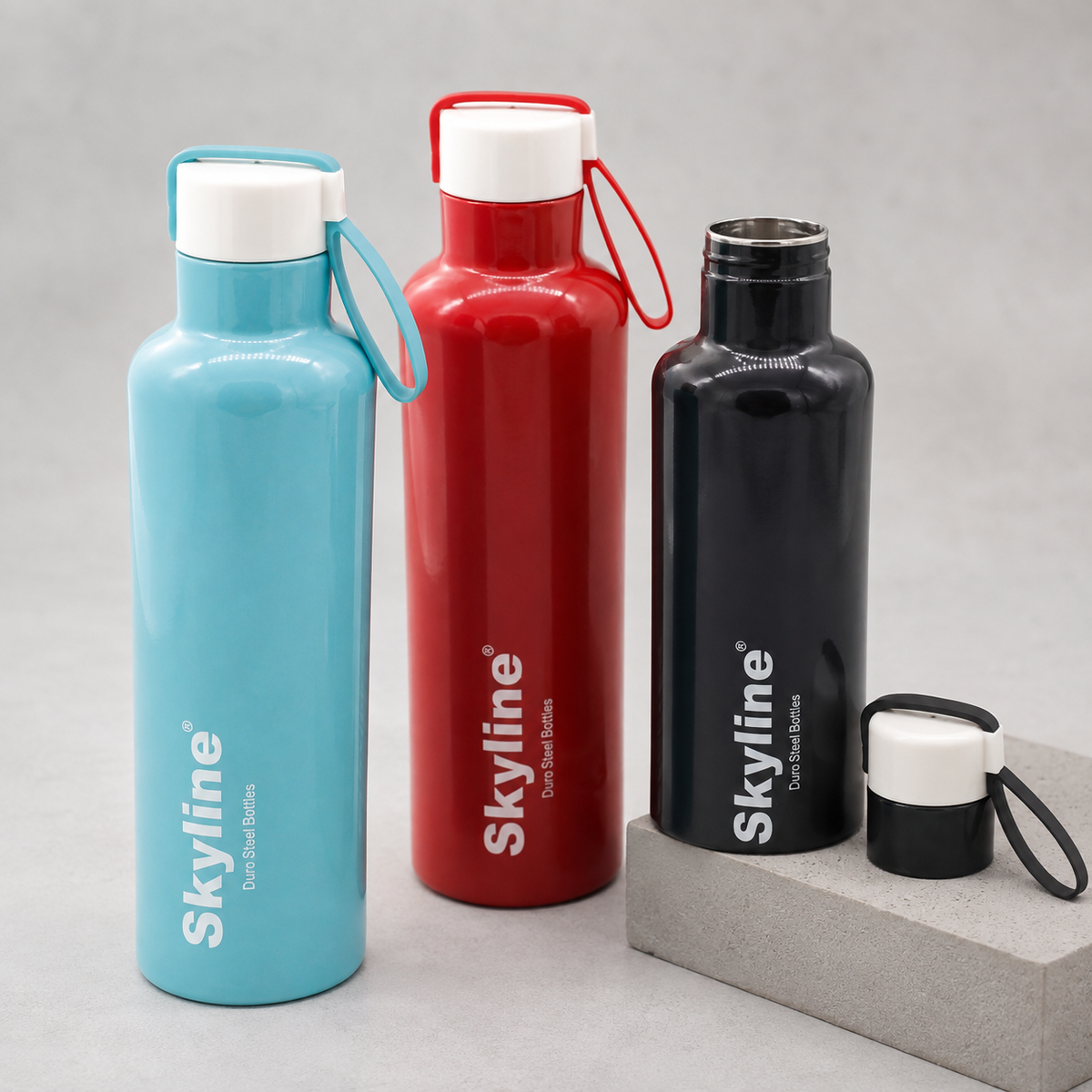 Skyline TWEET bottles with white cap and wrist loop detail