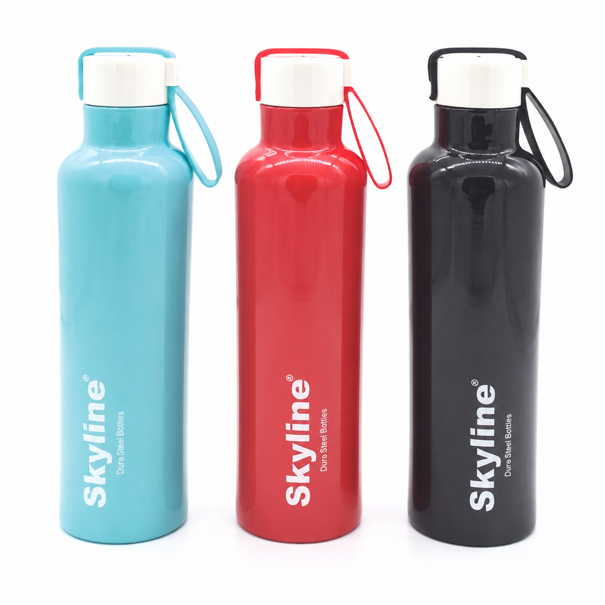 Skyline TWEET insulated bottles in cyan red and charcoal on white