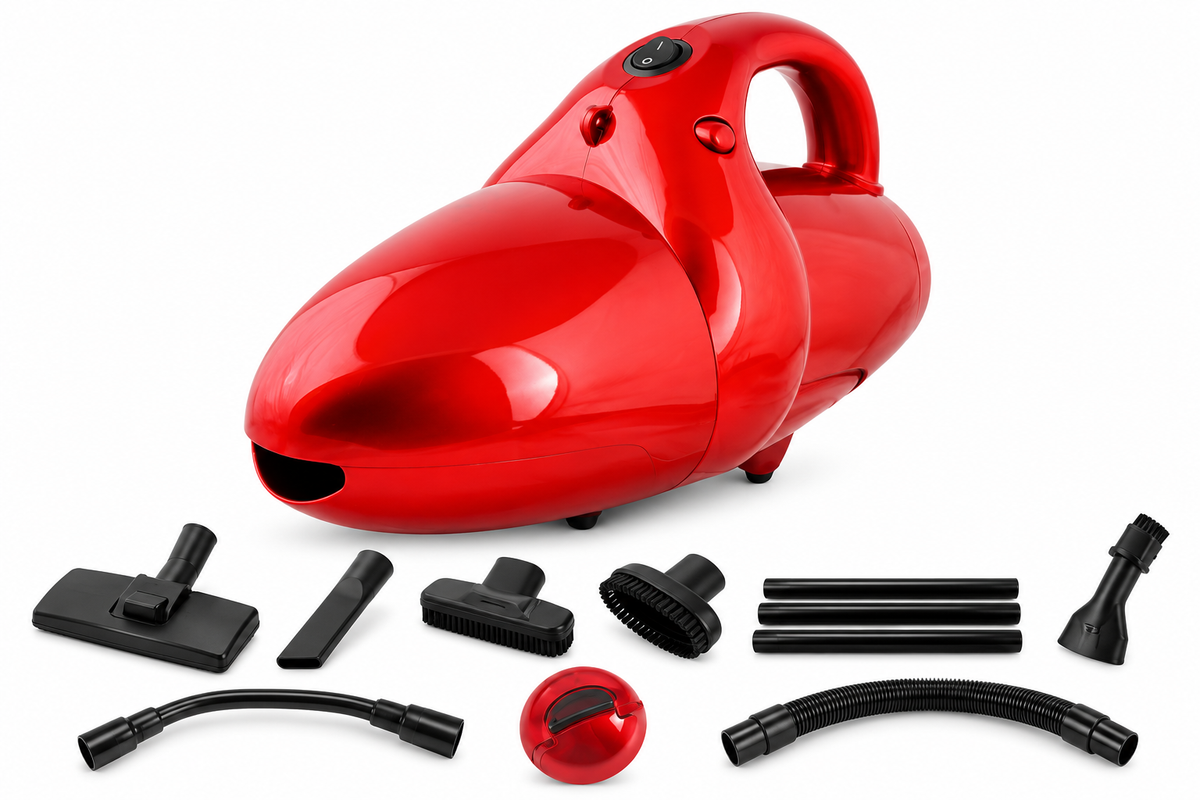 Skyline VI-1020 red 1000W vacuum cleaner with accessories on plain white background