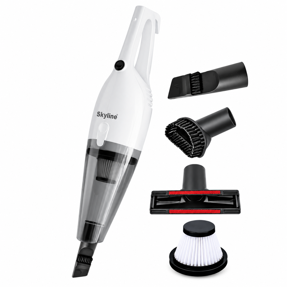 Skyline VTL-1025 800W handheld vacuum cleaner with HEPA filter and cleaning attachments on plain white background