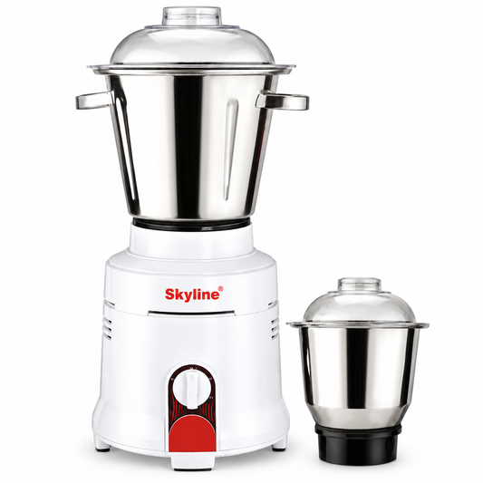 Skyline VTL-1600 commercial mixer grinder with two stainless steel jars on white background