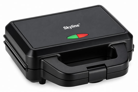 Skyline VTL-2020 750W black sandwich maker and grill toaster with front locking handle and red and green indicator lights on plain white background