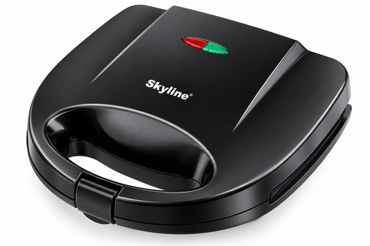 Skyline VTL-2022 black 750W sandwich maker and grill toaster with front locking handle and red and green indicator lights on plain white background