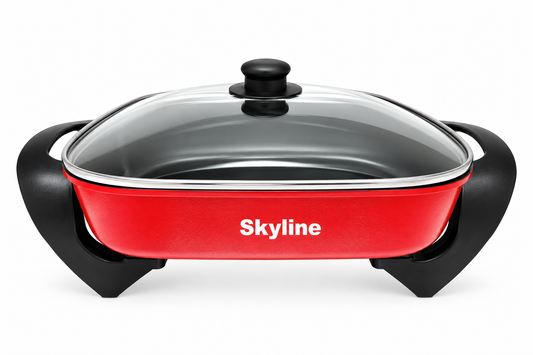 Skyline VTL-2030 red 1500W electric fry pan with glass lid on a white background