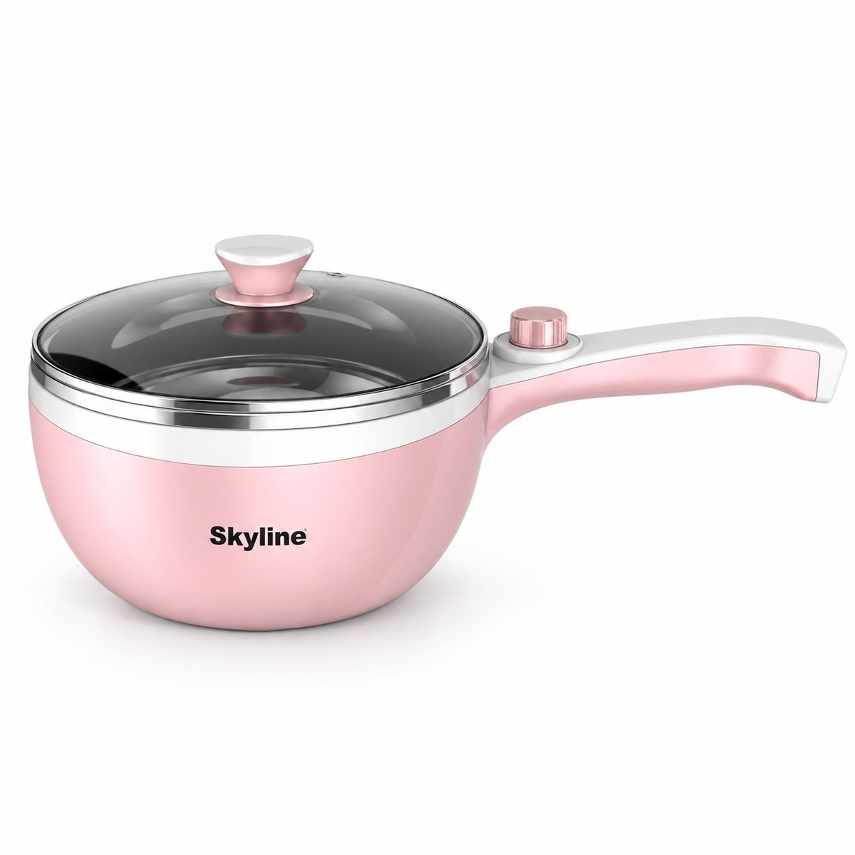 Skyline VTL-2040 pink multifunction electric pan with glass lid on white background