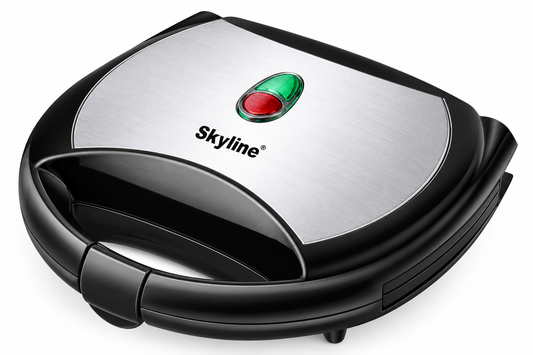 Skyline VTL-2096 750W sandwich maker and grill toaster, black body with brushed silver top, integrated handle and red and green indicator lights on white background