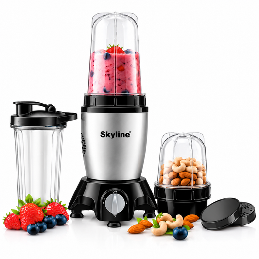 Skyline VTL-222 Nutri Plus mixer grinder with cups and accessories on white background