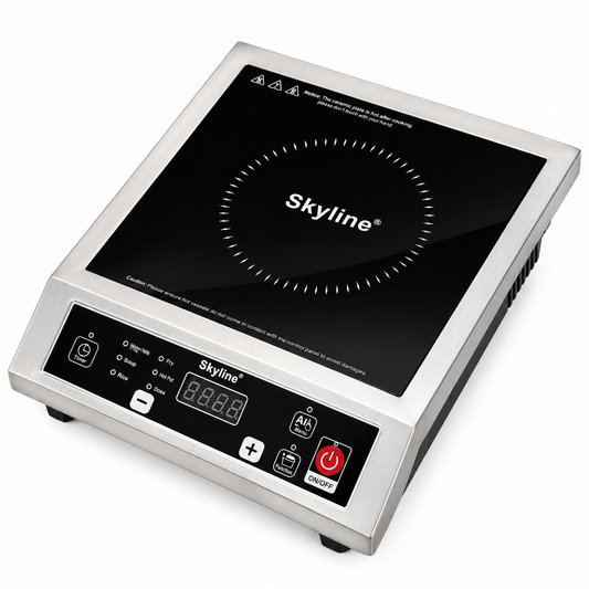 Skyline VTL-2500 commercial induction cooker with stainless steel frame on white background