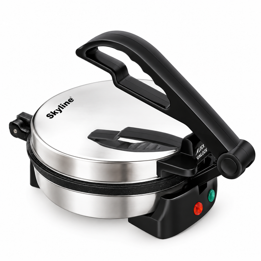 Skyline VTL-2929 stainless steel roti maker with black handle on pure white background