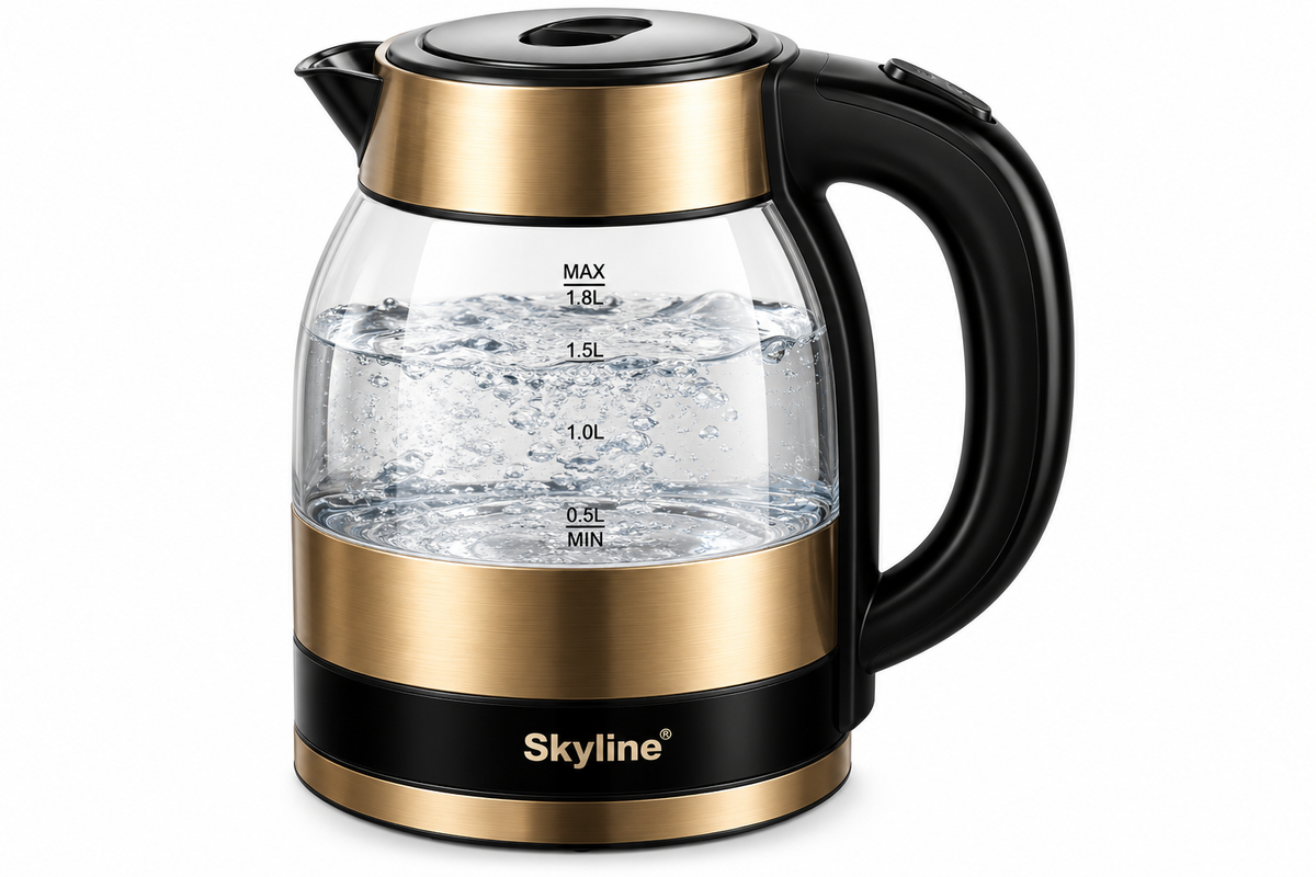 Skyline VTL-4114 1.8 litre 1500 watt electric glass kettle with gold accents, black handle and lid on white background