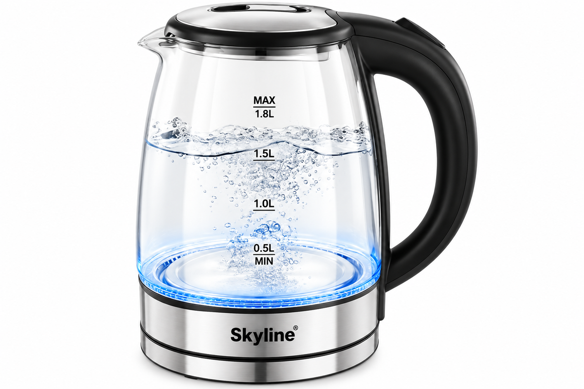 Skyline VTL-4116 1.8L 1500W electric glass kettle with black handle, stainless steel base and blue illumination on white background