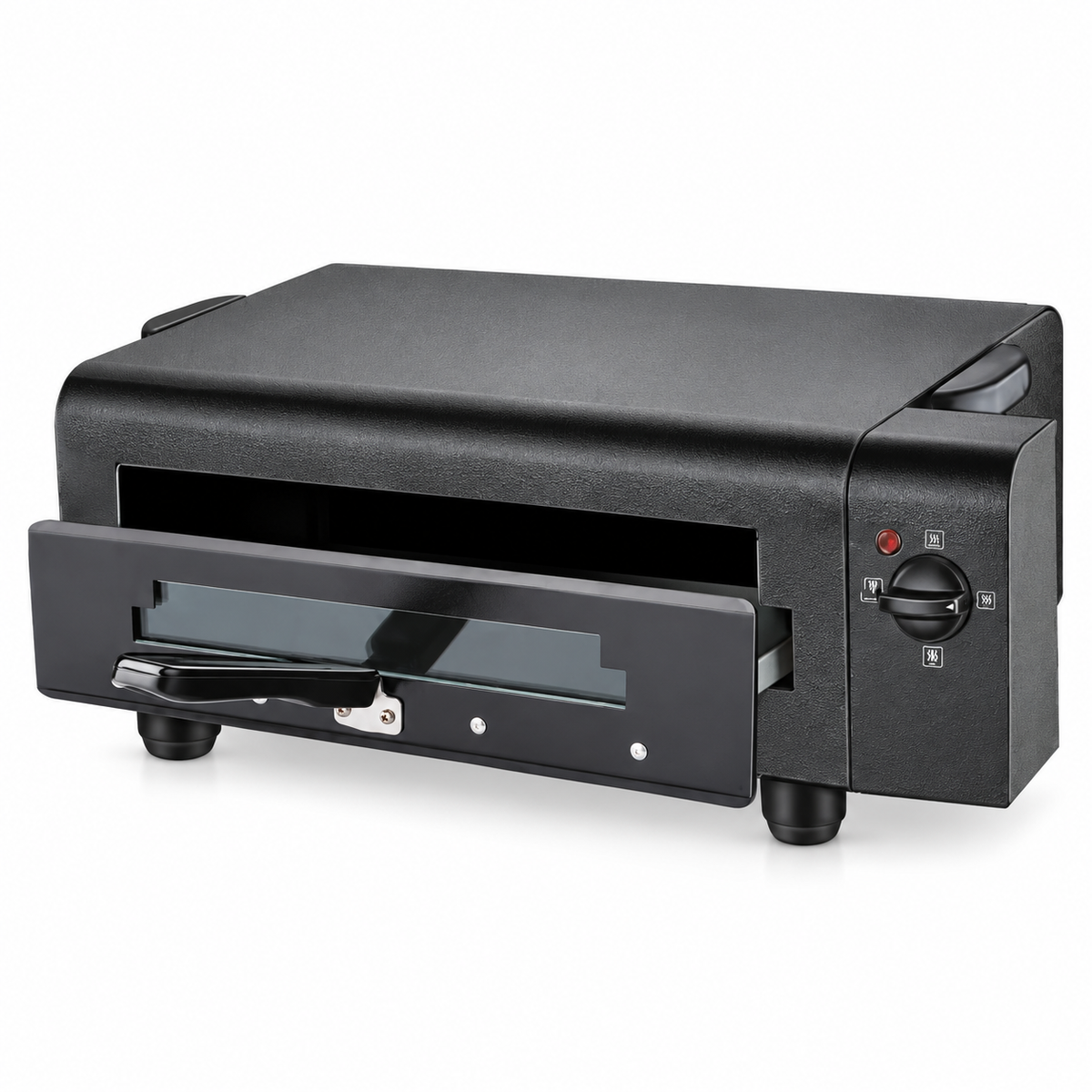 Skyline VTL-4141 black 2200W electric tandoor without timer, with front pull-out tray, heater selector knob and anti-skid feet on white background