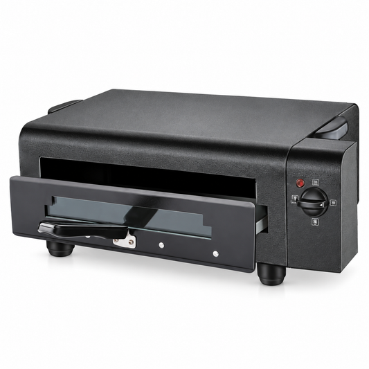 Skyline VTL-4141 black 2200W electric tandoor without timer, with front pull-out tray, heater selector knob and anti-skid feet on white background