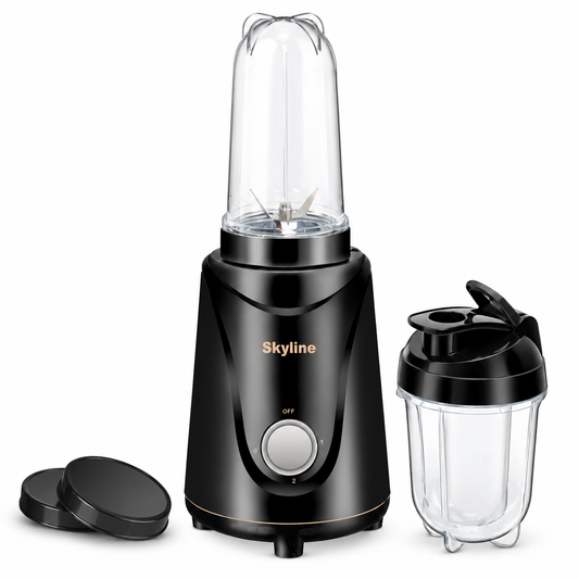 Skyline VTL-4455 Nutri Mix Pro black blender with cups and lids on plain white background