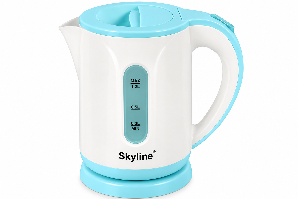 Skyline VTL-5010 1.2L 1500W electric kettle in white and light blue with water level indicator on a plain white background