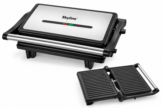 Skyline VTL-5020 800W mini electric griller with stainless steel top, black body and 180-degree opening ribbed grill plates on white background