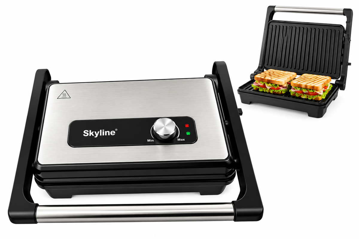 Skyline VTL-5025 1500W jumbo 180-degree electric contact grill with stainless steel lid, adjustable control and ridged grill plates on plain white background