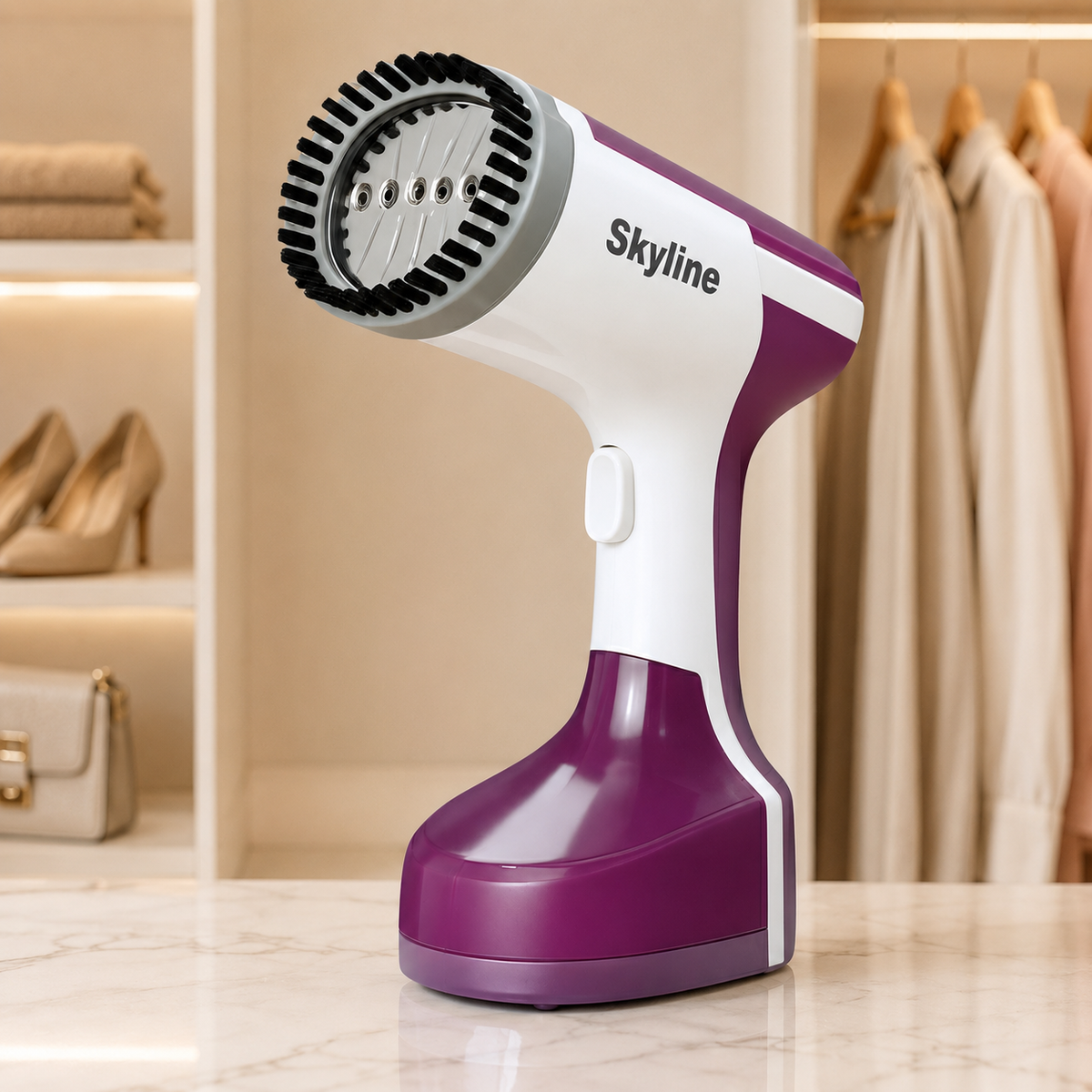 Skyline VTL-5103 garment steamer in a premium wardrobe setting