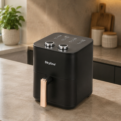 Skyline VTL-5112 black and gold air fryer on kitchen countertop