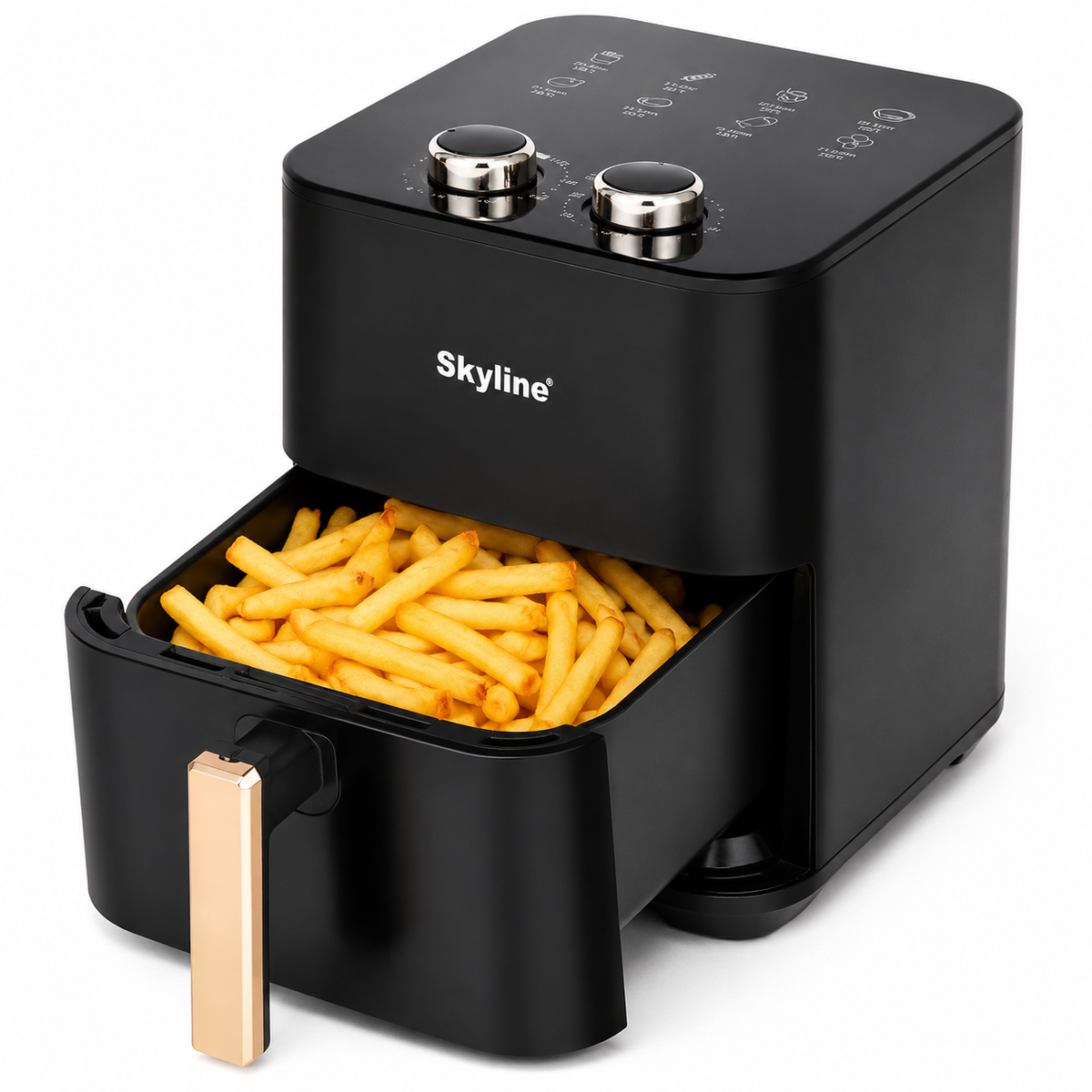 Skyline VTL-5112 air fryer with open basket and French fries