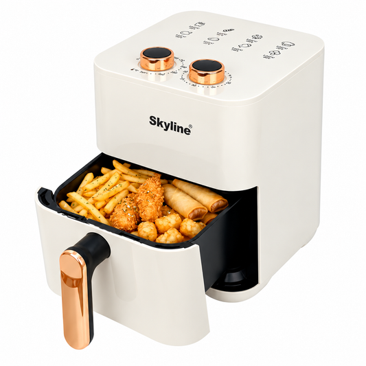 Skyline VTL-5112 cream air fryer with dual manual knobs and copper handle on white background