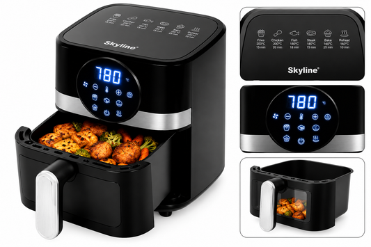 Skyline VTL-5113 black 4.2L 1500W digital air fryer with viewing window, touch display and removable basket on white background
