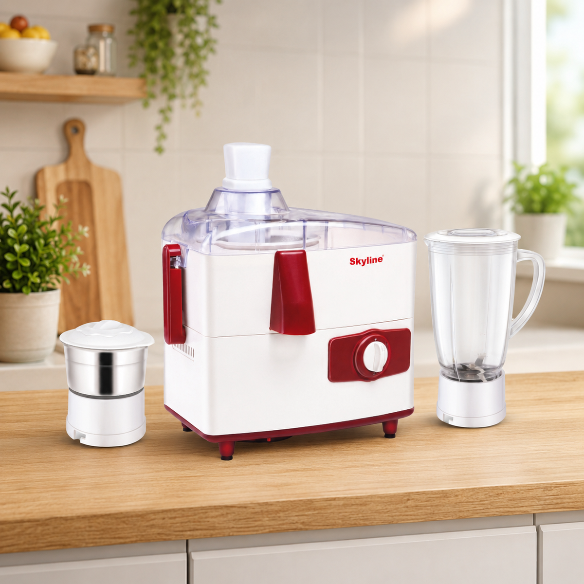 Skyline VTL-6000 juicer mixer grinder with jars on kitchen countertop