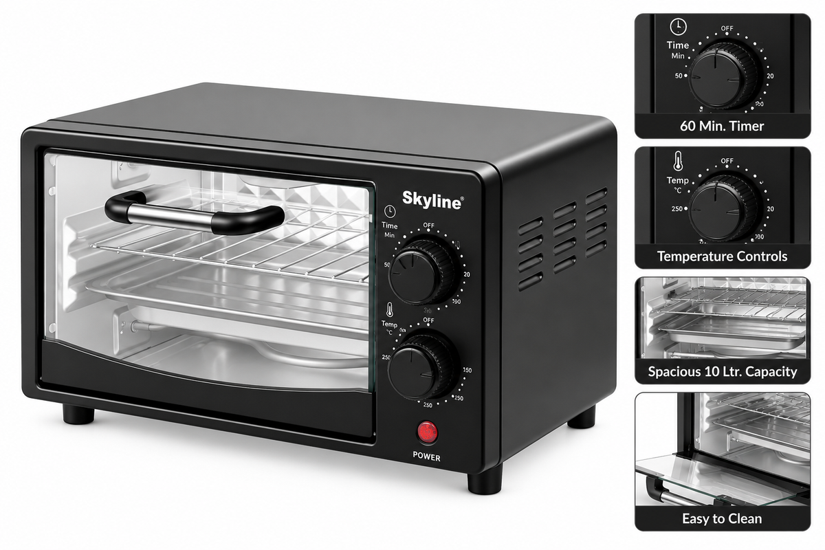 Skyline VTL-7061 10 litre 800 watt black oven toaster with glass door, timer, temperature controls and cooking rack on white background