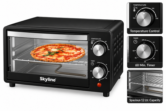 Skyline VTL-7064 12L 1000W black oven toaster with glass door, adjustable temperature control, 60-minute timer and cooking rack on white background