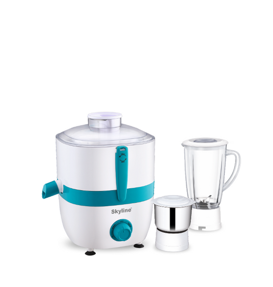 Skyline VTL-7700 white and turquoise juicer mixer grinder with blender jar and grinding jar on plain white background