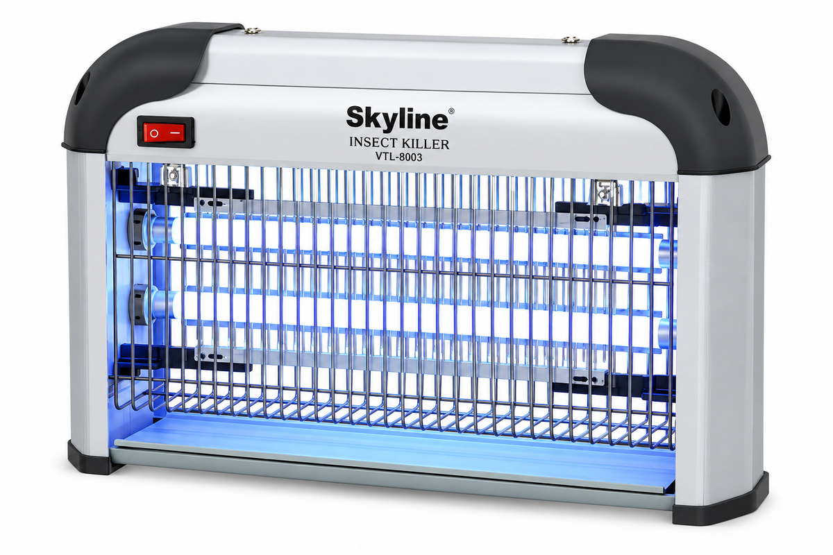 Skyline VTL-8003 25W 1 FT electric insect killer in silver and black on plain white background