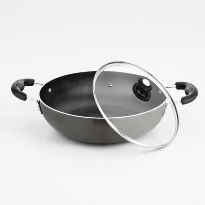 Studio detail of Skyline VTL-8300 kadhai handles and glass lid
