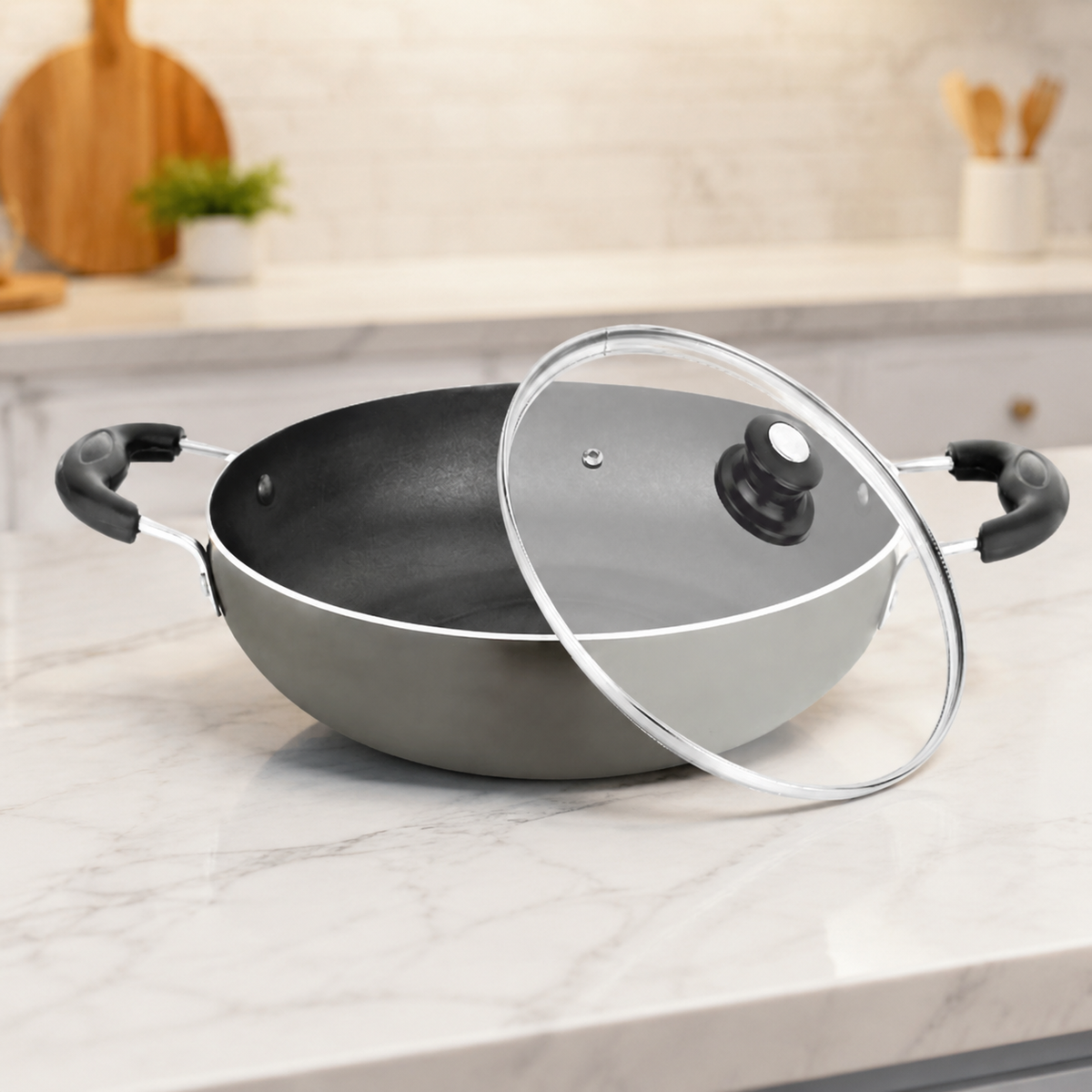 Skyline VTL-8300 kadhai and glass lid in a premium kitchen setting
