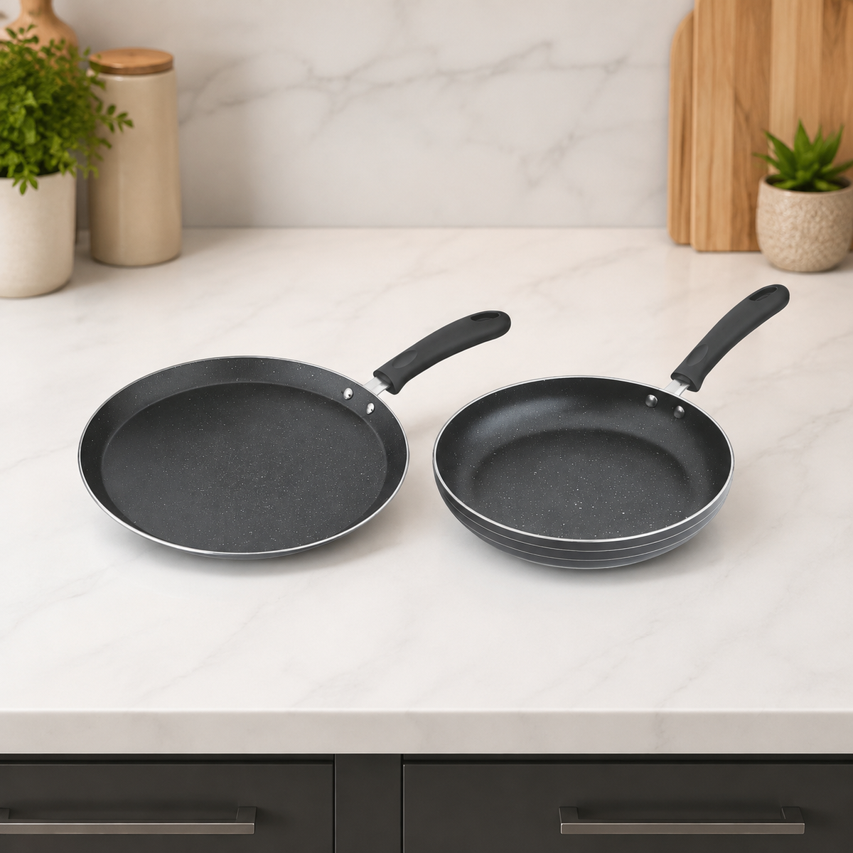 Skyline VTL-8500 non-stick cookware set in a premium modern kitchen