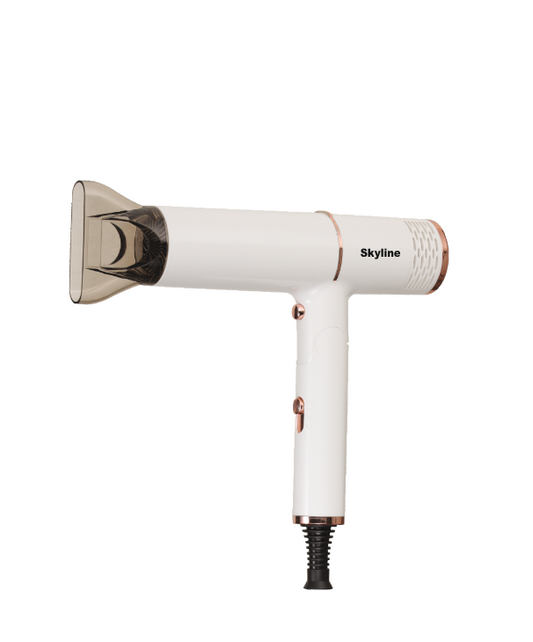 Skyline VTL-8686 white and rose gold hair dryer with concentrator nozzle on plain white background