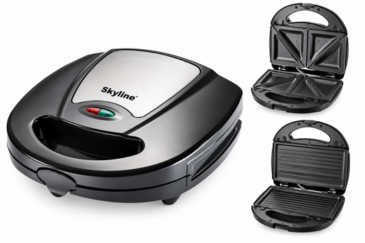 Skyline VTL-888 750W 2-slice 2-in-1 sandwich and grill toaster in black and silver with detachable triangular sandwich plates and ridged grill plates on white background