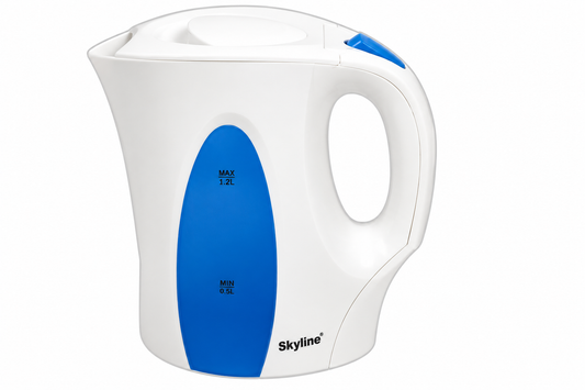 Skyline VTL-9003 1.2L 1200W electric kettle in white with blue water level window and white handle on plain white background