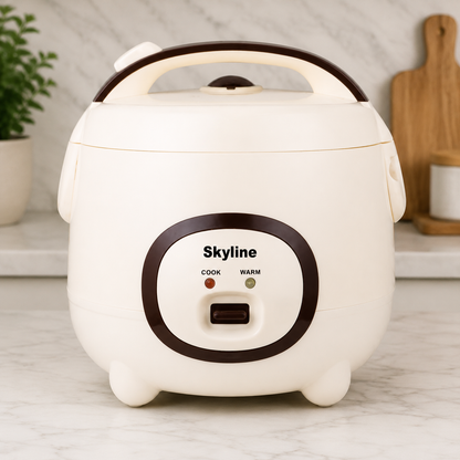 Skyline Deluxe 1.2L beige rice cooker on modern kitchen countertop