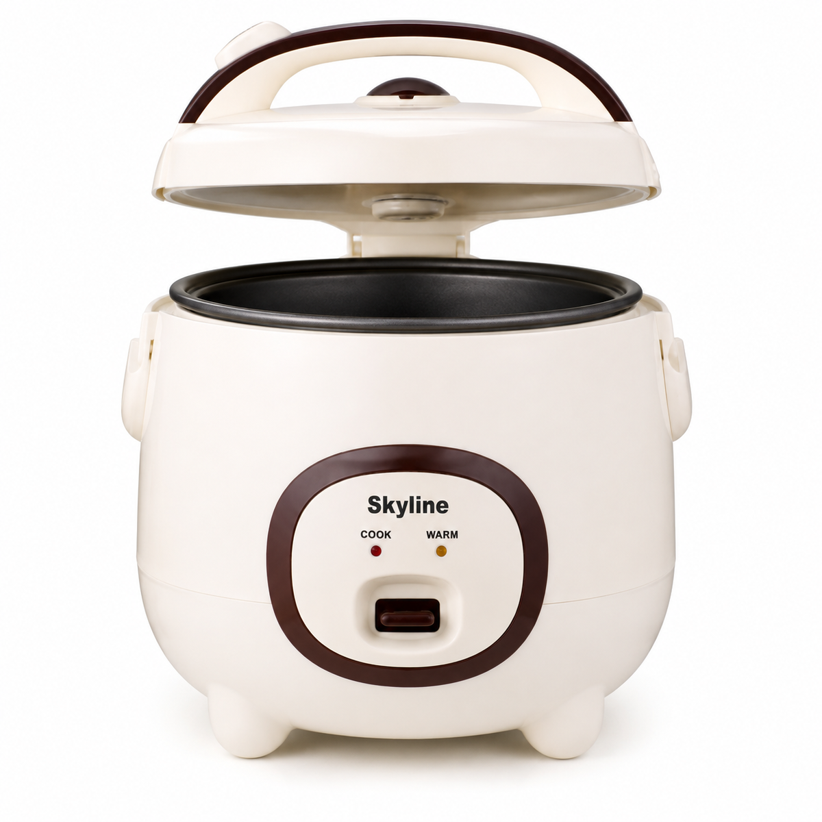 Skyline Deluxe 1.2L beige rice cooker open inner pot and control detail