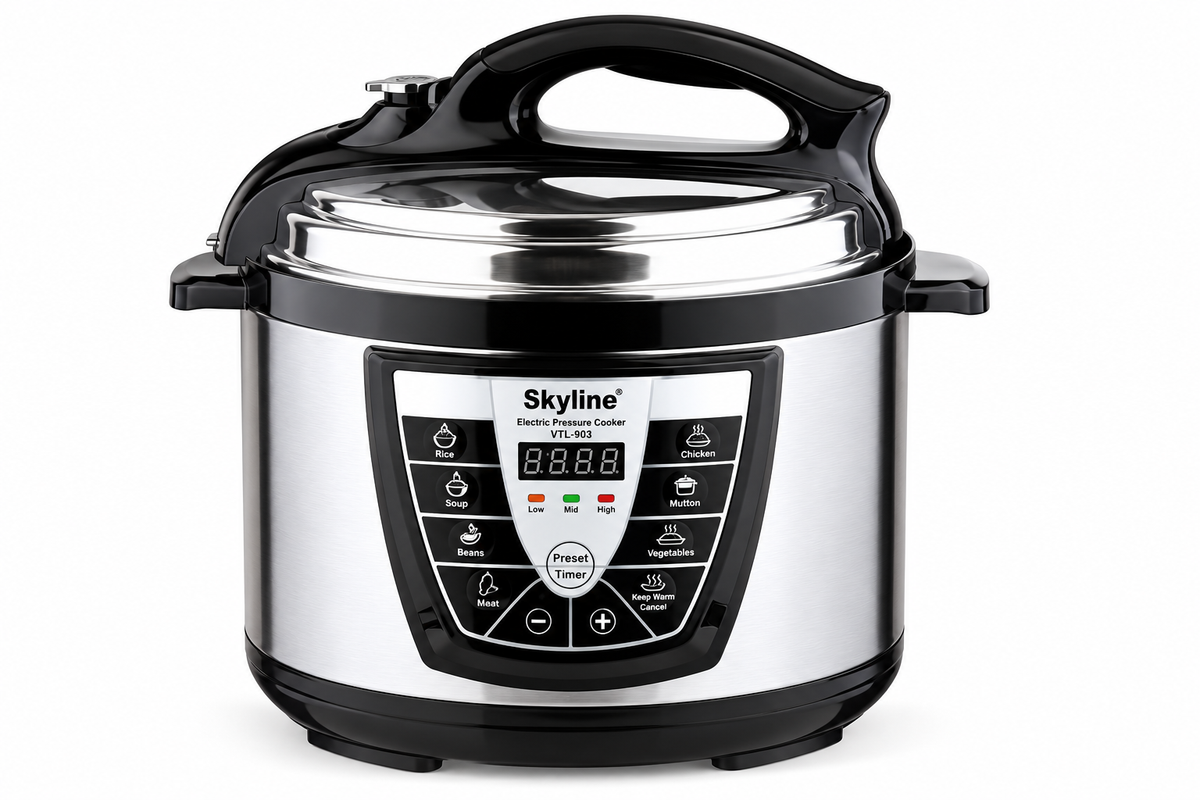 Skyline VTL-903 6L 1000W digital electric pressure cooker with black lid and stainless steel finish on plain white background